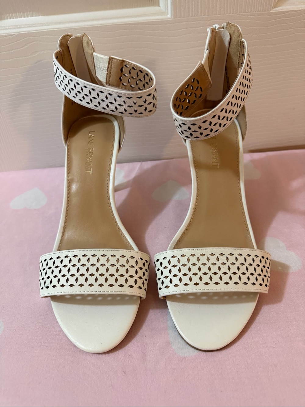Lane Bryant Ivory Cream Laser Cut Ankle Strap Heels Size 8W - Picture 3 of 11
